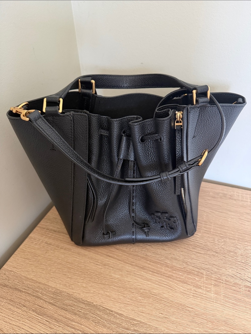 Tory Burch Black Pebbled Leather Drawstring Shoulder Bag with Gold Hardware
